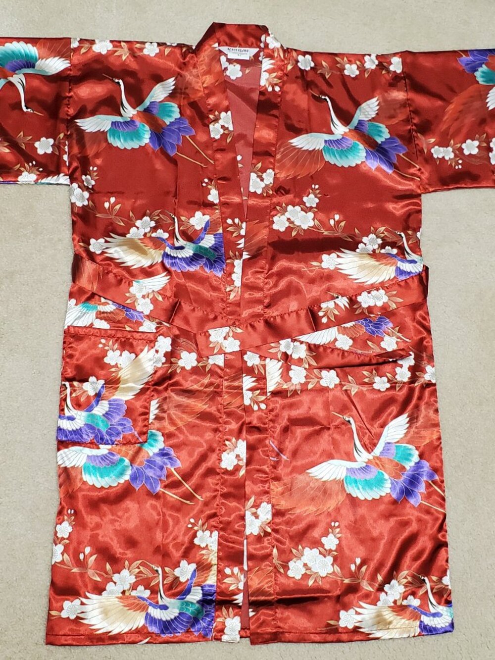 Ichiban Satin Kimono Robe Japan Women 42 M/L Red Crane Floral Elegant Loungewear